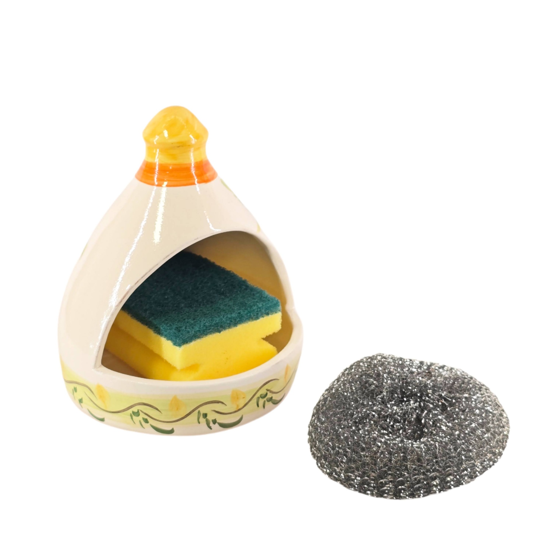 Porta Utensílios de Cozinha Médio Suporte de esponja cerâmico com esponja e escovilhão metálico