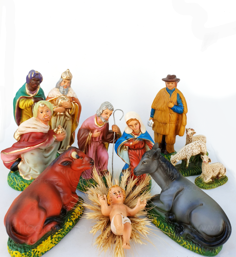 Presépio Composto por 13 Peças Figuras de presépio em cerâmica pintadas à mão com Menino Jesus, vaca, burro, reis magos, pastor e ovelhas
