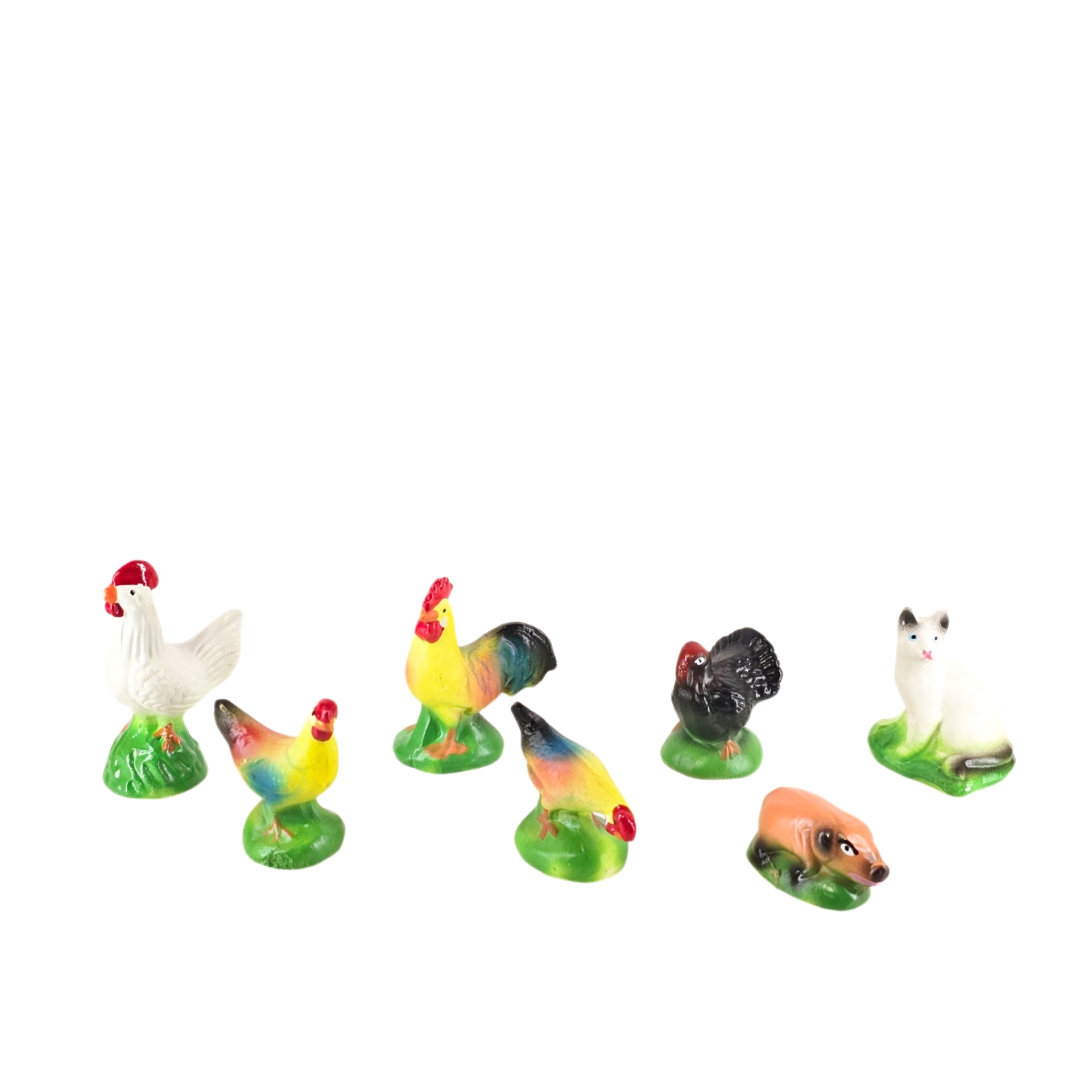 Galo, Galinha, Peru, Porco - em Cerâmica Miniaturas coloridas de animais (galinhas, galo, porco e gato) sobre bases verdes