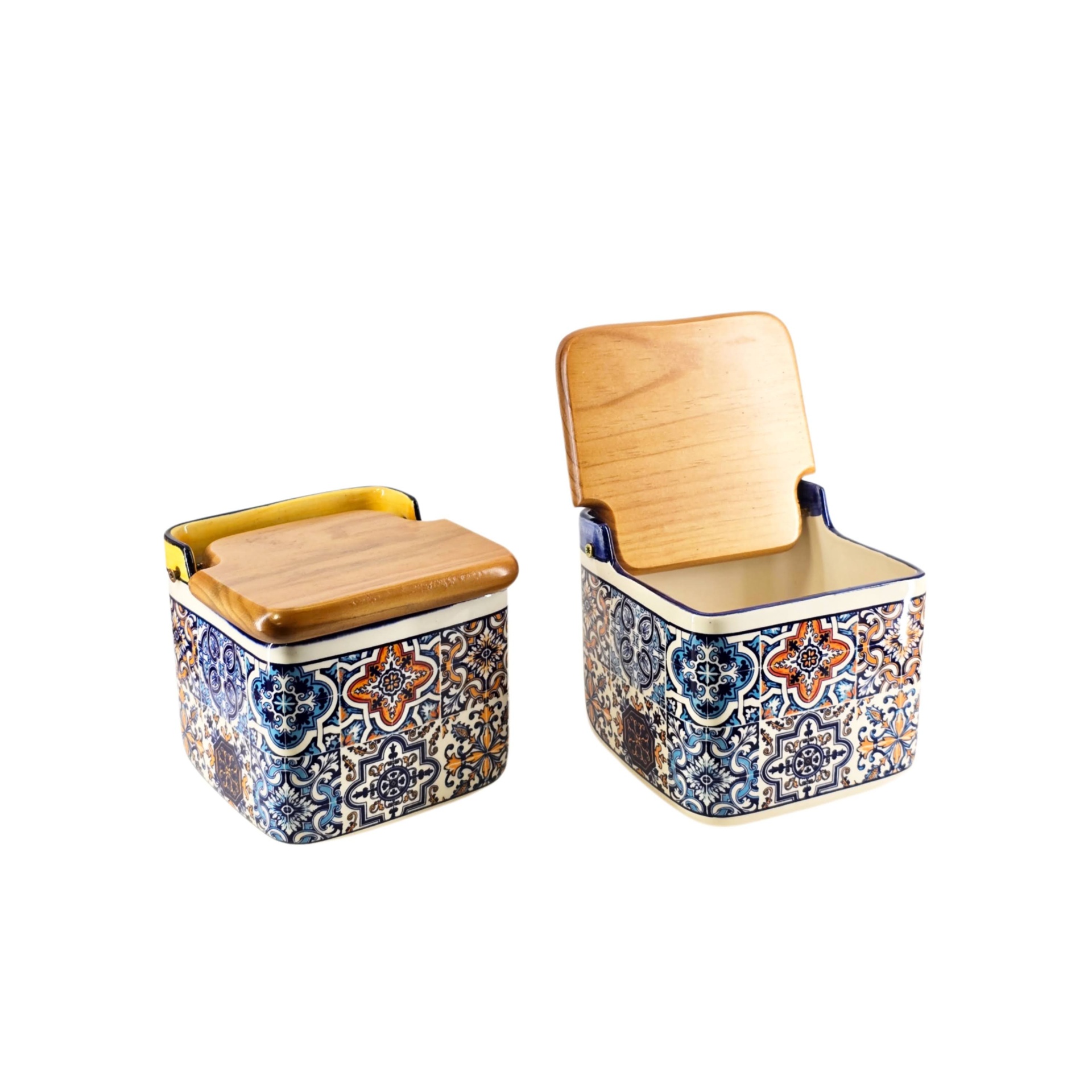 Saleiro c/ Tampa de Madeira Recipientes cerâmicos quadrados com tampa de madeira e padrão colorido