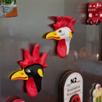 Ímanes decorativos de galos coloridos numa superfície metálica