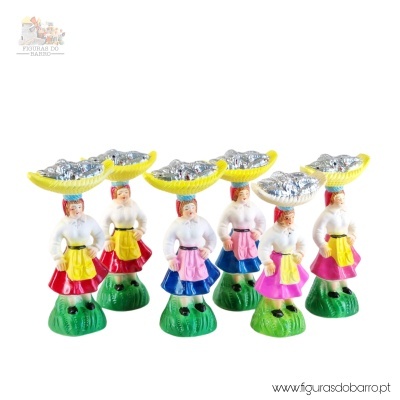 Seis figuras femininas tradicionais com vestidos e chapéus coloridos em fundo branco