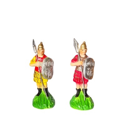 Duas miniaturas de soldados romanos em barro com cores vivas