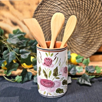 Suporte cerâmico floral com talheres de pau
