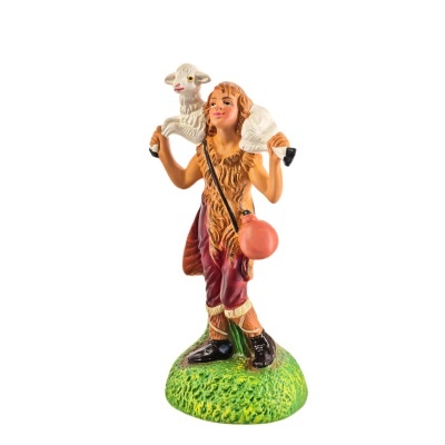 Figura decorativa de pastor com ovelha e bolsa em base verde