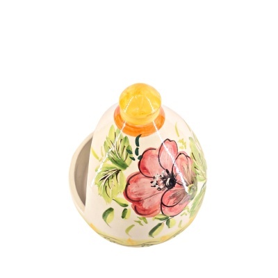 Recipiente cerâmico com tampa floral e pega amarela