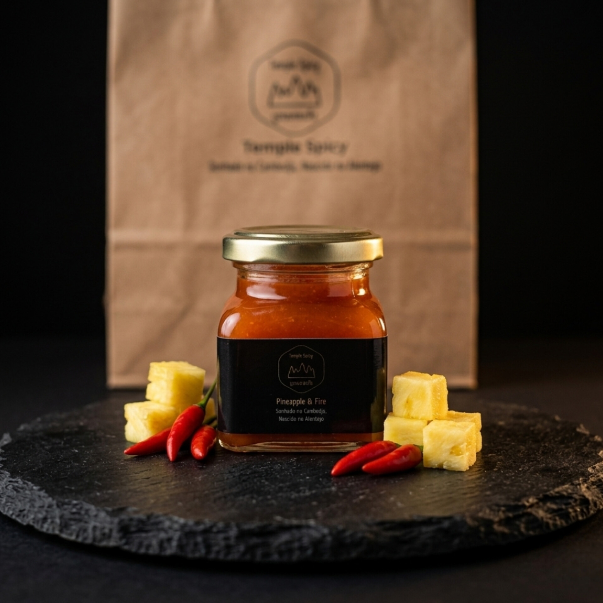 Pineapple & Fire - Picante com Abacaxi 50ml Frasco de molho vermelho com pedaços de ananás e malaguetas vermelhas