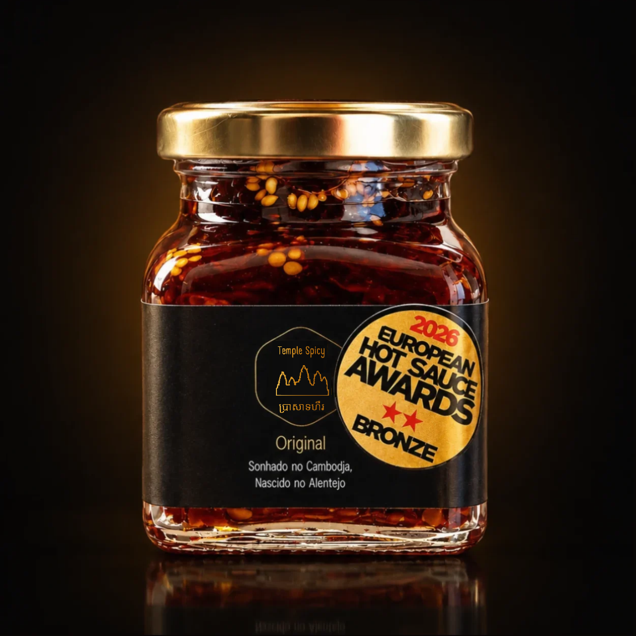 Temple Spicy Original - Molho Picante Premium Frasco de molho picante com selo de prémio bronze