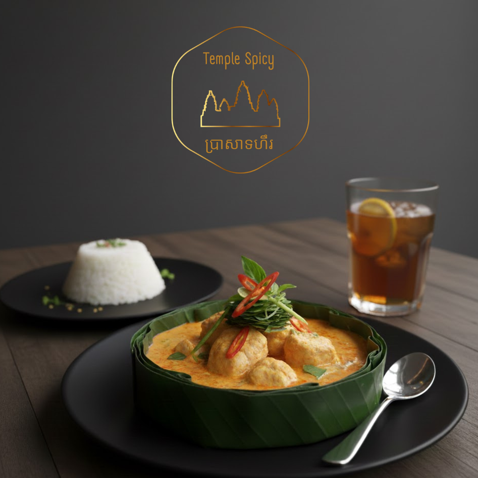 Fish Amok (Caril Cambodjano de Peixe) Prato de caril com almôndegas em recipiente de folhas e arroz branco com chá com limão numa mesa de madeira