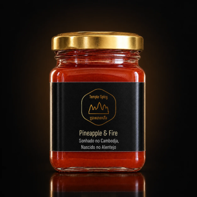 Frasco de molho vermelho com tampa dourada e etiqueta preta com texto Temple Spicy Pineapple & Fire