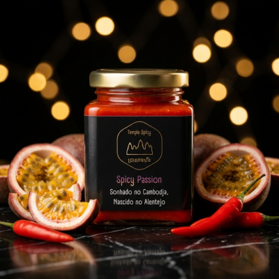 Frasco de molho Spicy Passion com maracujás e pimentos vermelhos