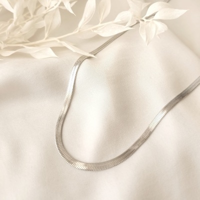 Colar prateado sobre tecido branco com folhas decorativas brancas