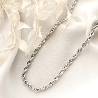 Colar prateado torcido sobre tecido branco com folhagem seca creme