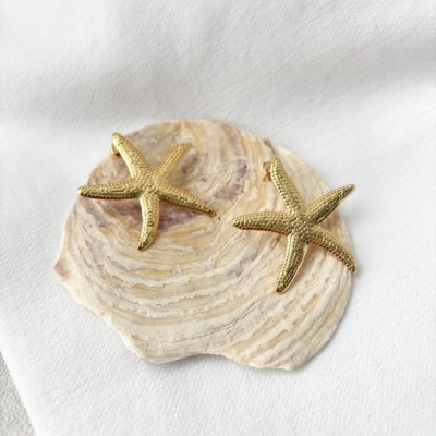 Brincos dourados em forma de estrela do mar sobre concha e tecido branco