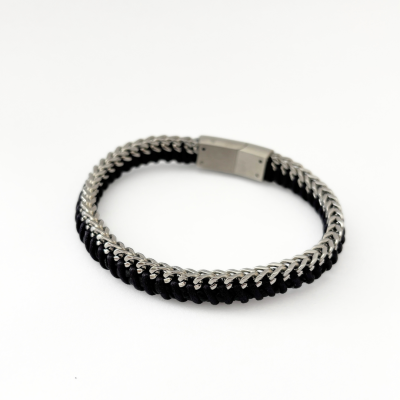 Pulseira masculina de cordão preto e corrente prateada