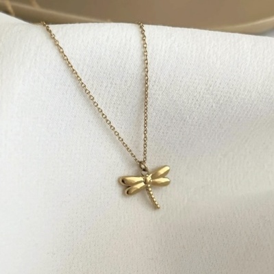 Colar com pendente em forma de libélula dourada sobre tecido branco.