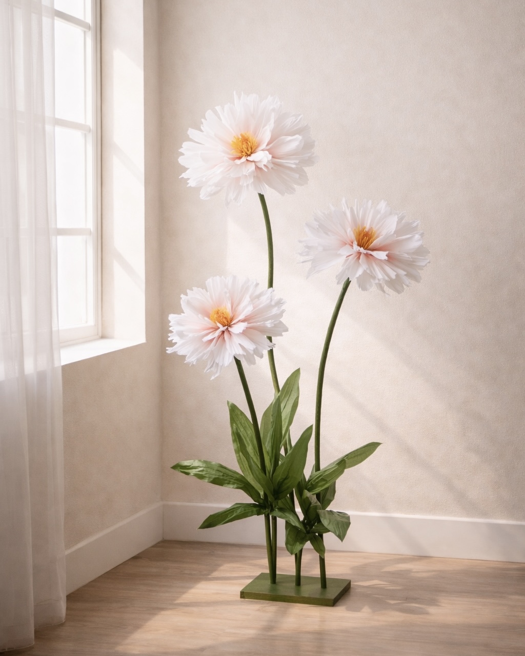 Flores de Papel Crepe Ref.003 Escultura decorativa de flores cor-de-rosa claro com folhas verdes numa base verde sobre chão de madeira próximo a janela.