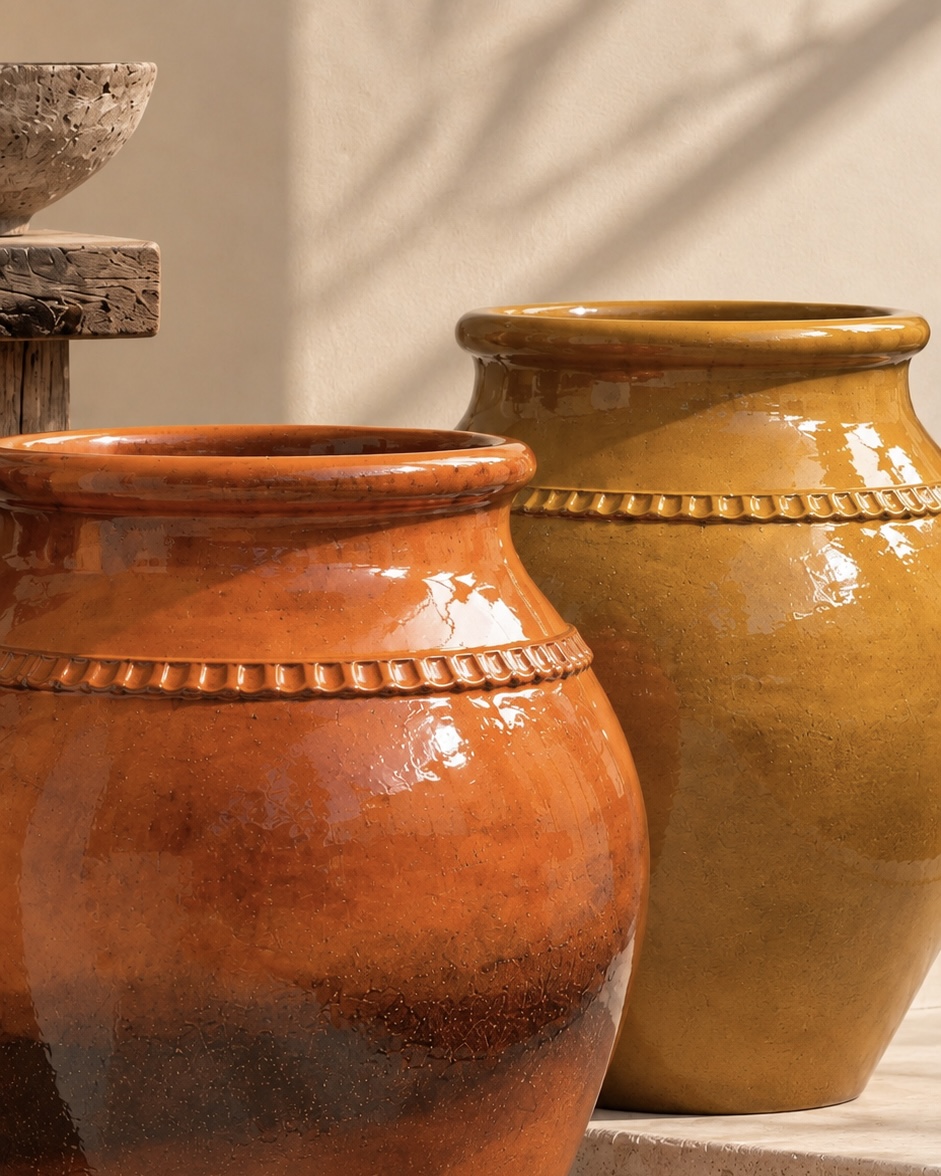 Vaso Terracotta Dois vasos grandes de cerâmica laranja e amarelo mostarda com decoração em relevo na parte superior.