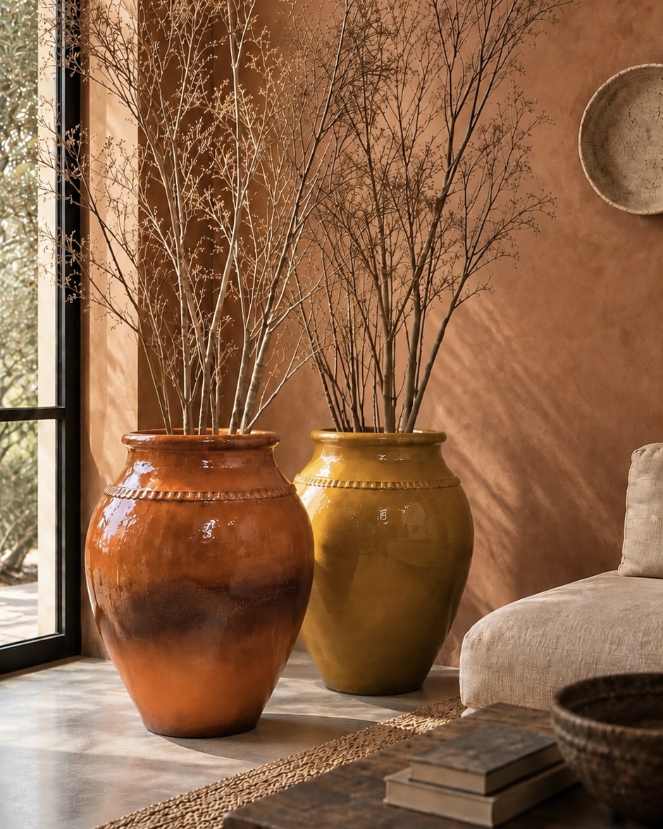 Vaso Terracotta Dois vasos grandes de cerâmica com ramos secos junto a uma parede castanha