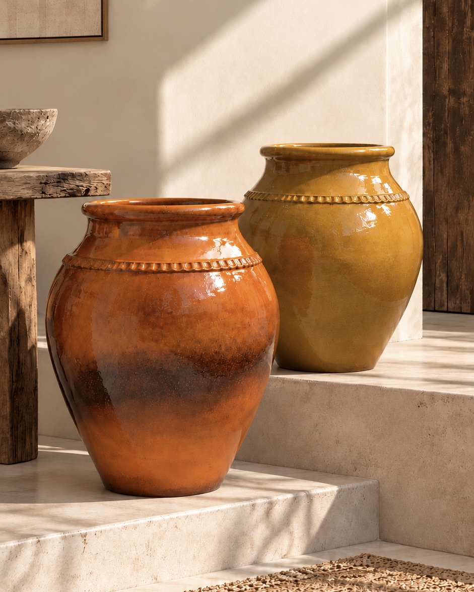 Vaso Terracotta Dois jarros grandes em cerâmica brilhantes, um laranja e outro mostarda, sobre degraus de pedra clara