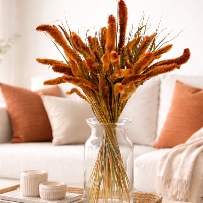 Arranjo decorativo de flores secas cor de laranja em jarro de vidro transparente