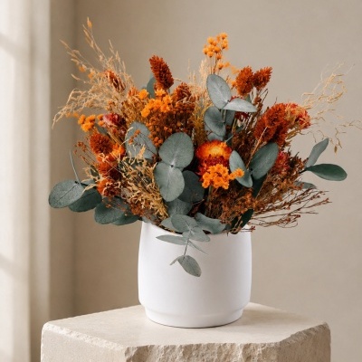 Vaso branco com flores secas laranja e verdes sobre pedestal de pedra