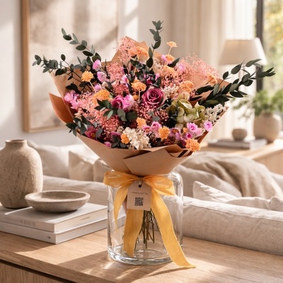 Buquê de flores coloridas num vaso de vidro com laço amarelo