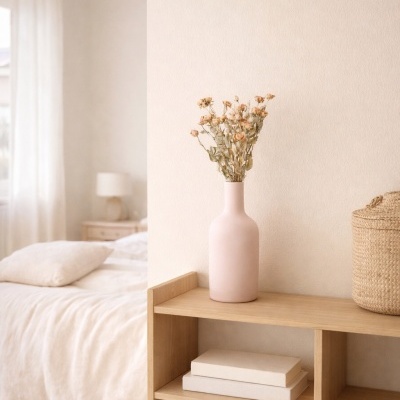 Estante de madeira clara com vaso rosa e plantas secas, cesta de vime e caixas brancas num quarto luminoso