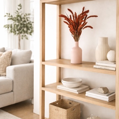 Estante de madeira clara com decoração minimalista incluindo vaso rosa, flores secas laranja, jarros cerâmicos, livros, tigela, cesta de vime e velas brancas