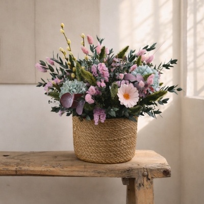 Arranjo floral em vaso de ráfia sobre banco de madeira rústica em ambiente interior.