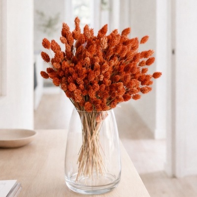 Vaso transparente com flores secas laranja numa mesa de madeira clara