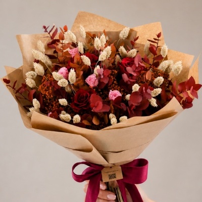 Ramo de flores secas e preservadas com rosas vermelhas e cor-de-rosa envolto em papel kraft e fita borgonha