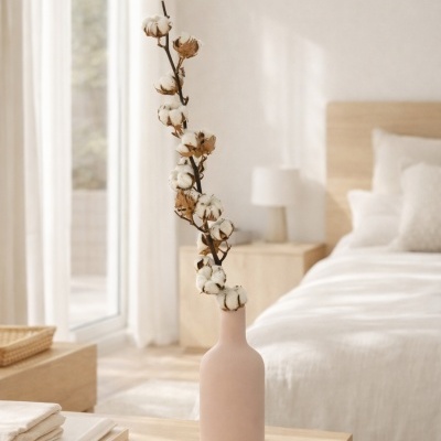 Vaso rosa claro com ramo de algodão em mesa de madeira num quarto minimalista