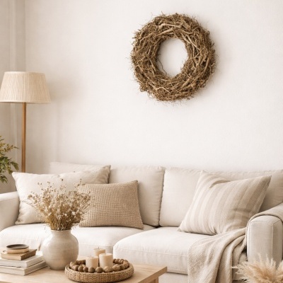 Sala de estar com sofá bege, almofadas, candeeiro de pé, mesa de madeira com velas e flores secas, e coroa decorativa na parede branca.