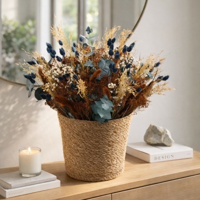 Arranjo de flores secas em vaso de palha sobre consola de madeira