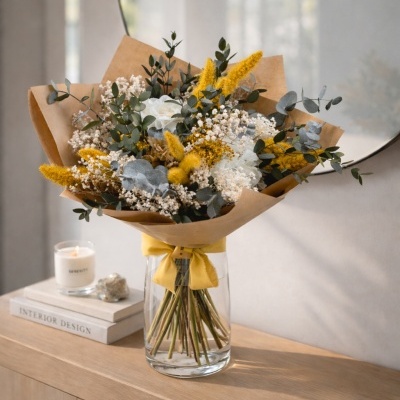 Ramo decorativo de flores em vaso de vidro com laço amarelo sobre móvel