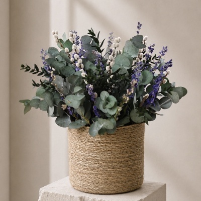 Arranjo floral com folhas verdes, flores roxas e brancas em vaso de material trançado sobre pedestal de pedra.
