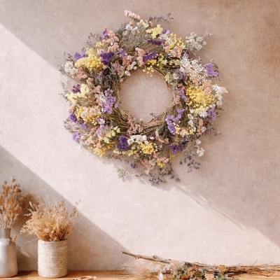 Guirlanda de flores secas coloridas pendurada numa parede bege com mesa de madeira que tem vasos de flores secas e tesoura.