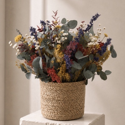 Arranjo de flores secas coloridas em vaso trançado sobre pedestal de pedra