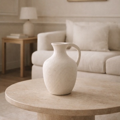Jarro de cerâmica bege numa mesa redonda clara, em sala de estar moderna.