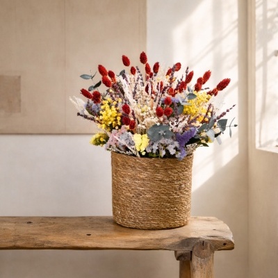 Arranjo floral colorido em cesta de palha sobre mesa de madeira