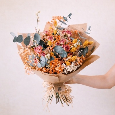 Ramo de flores secas coloridas em papel castanho com etiqueta TERRA COTTA