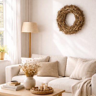 Sala de estar com sofá bege, mesa de madeira com vaso de flores secas, velas e livros, candeeiro de pé e coroa de ramos na parede