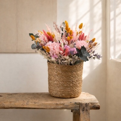 Arranjo de flores secas em cesto trançado sobre banco de madeira