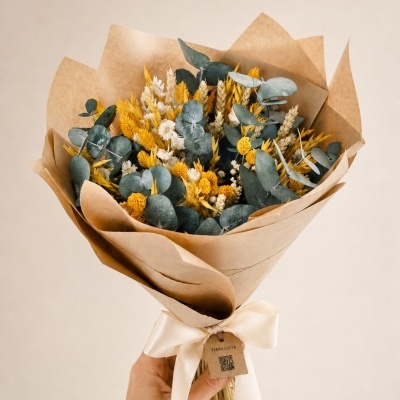 Ramo de flores secas em papel castanho amarrado com fita creme e etiqueta TERRACOTTA