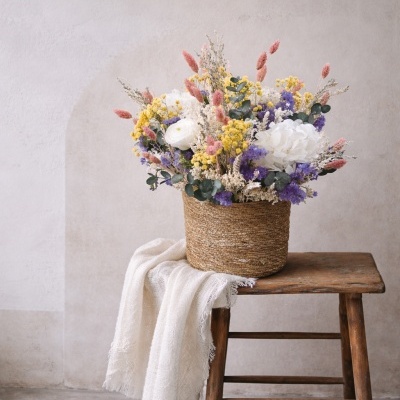 Arranjo floral colorido em vaso de palha sobre banco de madeira com tecido branco