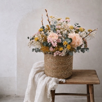 Cesto de flores secas e naturais em cesto tecido sobre banco de madeira com tecido branco