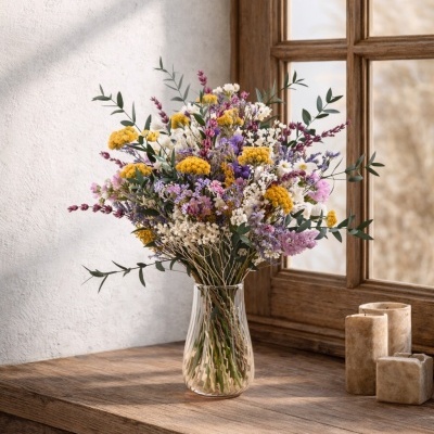 Arranjo de flores diversas em vaso de vidro em cima de móvel de madeira perto de janela