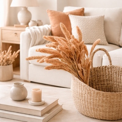 Cesta de palha com plantas secas sobre mesa em sala de estar clara e decorada.