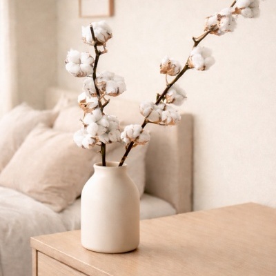 Vaso branco com ramos de algodão em mesa de madeira ao lado de sofá bege